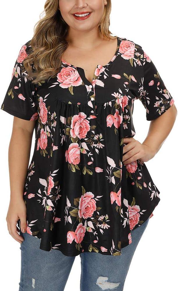 Gocolloa Womens Plus Size Tops Tunic Short Sleeve V Neck Floral Print Shirts Summer Casual Loose Blouse (Black, XXXL)