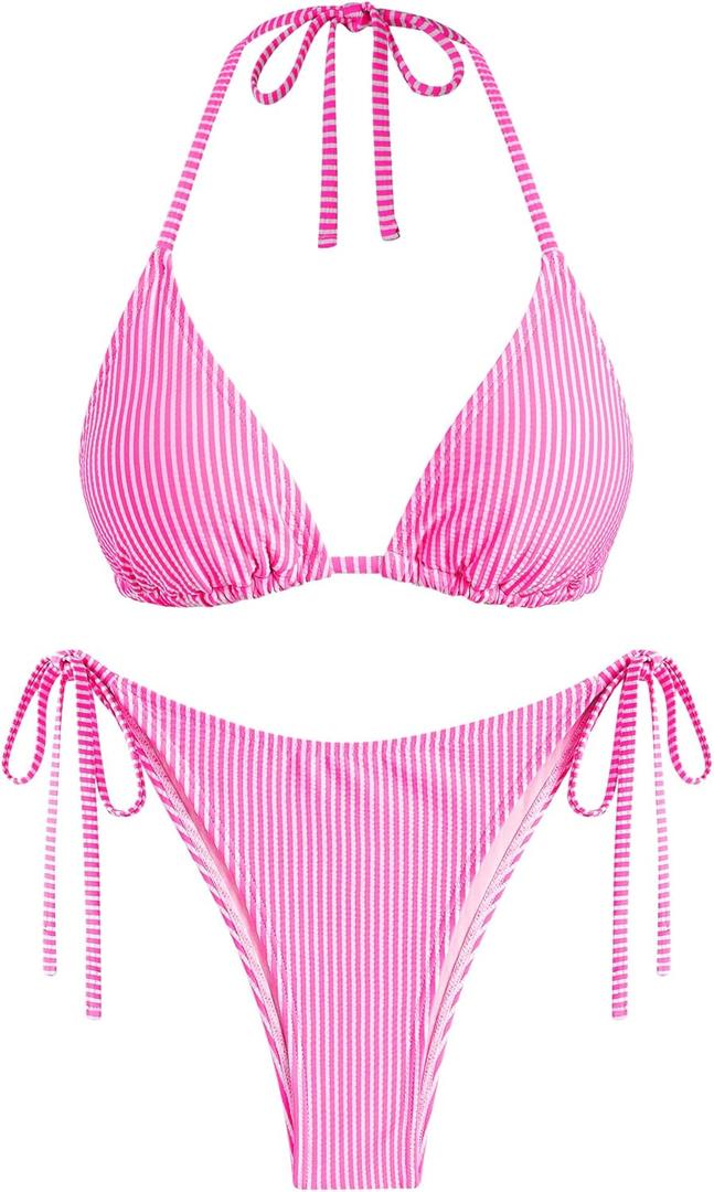 ZAFUL Textured Halter Bikini for Women 2 Piece Triangle Bikini Sets Sexy High Cut Bathing Suit Side Tie Swimsuits (Small, 00-rose Stripe)
