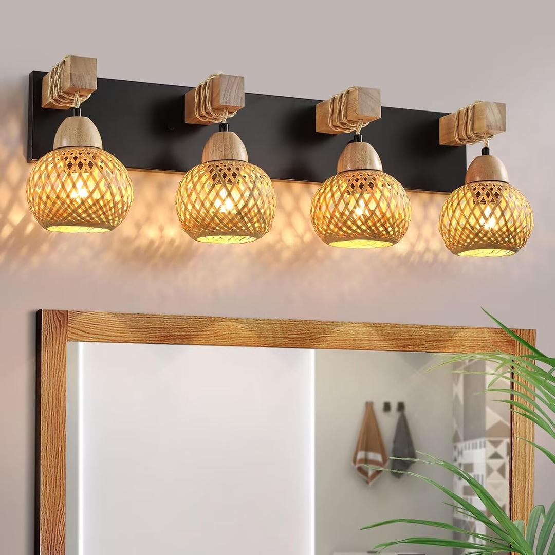 LmnLvn Farmhouse Bathroom Light Fixture, 4-Light Boho Vanity Light, Bamboo Bathroom Light Fixture Over Mirror Rustic Vanity Lighting with Handmade Bamboo Shades, Suit for Restroom, Bedroom, Hallway