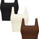 OLCHEE Women's 3 Pack Crop Tank Tops - Seamless Ribbed Sleeveless Square Neck Yoga Gym Shirts, Black Brown Beige Medium