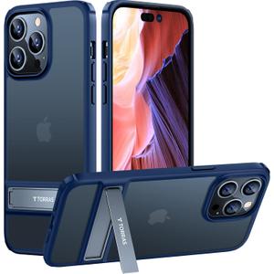 TORRAS MarsClimber Compatible iPhone 14 Pro Case, 8FT Drop Tested, 3 Stand Ways Kickstand, Translucent Matte, Navy Blue