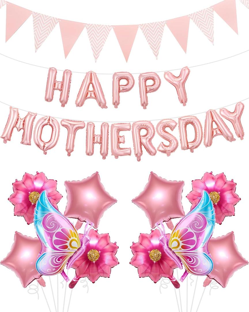 Happy Mother's Day Balloon Set Decoration, Pink Mothers Day Decorations Banner Include Letter, Butterfly, Flower Balloons for Party Women