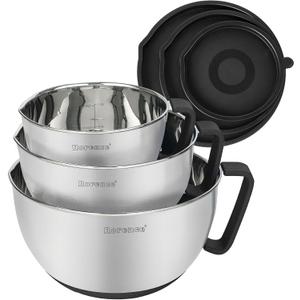 Rorence Stainless Steel Non-Slip Mixing Bowls With Pour Spout, Handle and Lid, Set of 3, Black