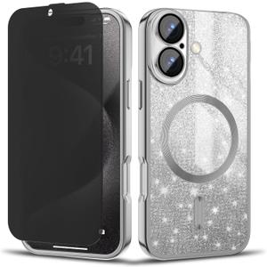Misscase for iPhone 17 Case 6.3 inch,Magnetic Glitter Bling Shockproof Plated Soft TPU Phone Cover Compatible with MagSafe,Built-in Camera Lens Protector,with Privacy Screen Protector*1 Silver