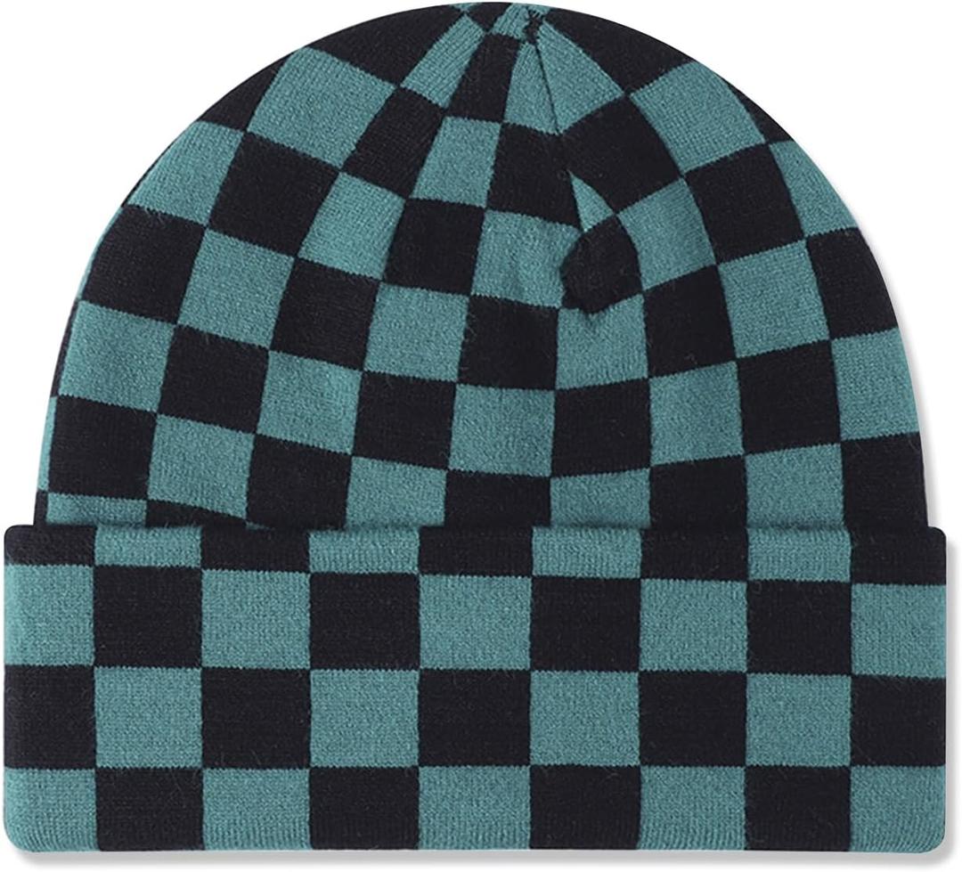 LumiSyne Knitted Beanie - Men Women Checkerboard Pattern Cuffed Slouchy Stretchy Warm Winter Hat Baggy Skull Cap (Green)