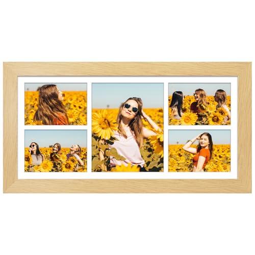 Gaevuian 11x23 Picture Frame Display 5 opening 5x7 and 8x10 Picture Frame Collage, Multi Photo Frame with Mat, Plexiglass, Horizontal and Vertical Formats for Wall Decor, Natural Wood Grain