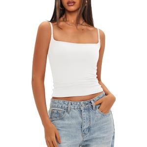 Darong Women Padded Tank Top Built in Bra Adjustable Spaghetti Straps Double Lined Basic Cami Shirt (Large, Off-white)