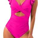 B2prity Women's One Piece Swimsuit Ruffle Cutout Bathing Suits Slimming Tummy Control V Neck Wrap Swimwear (Hot Pink, M)