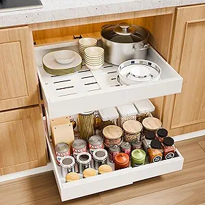 1PC Expandable Pull Out Cabinet Organizer 12.59Wx16.53Dx2.75H - Adhesive Pull Out Drawers for Cabinets, Pantry Sliding Shelves for Cabinet, Slide Out Drawers for Kitchen Cabinets Organizer White