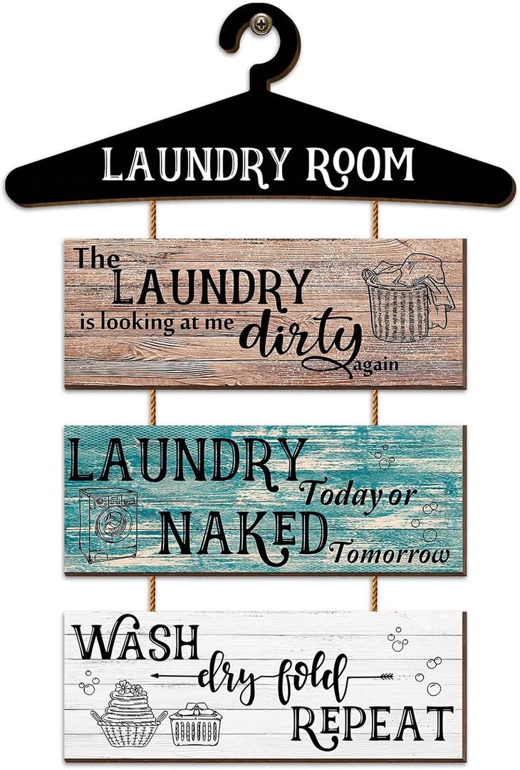 Laundry Room Wall Decor 4 Pieces Wooden Funny Laundry Room Signs Vintage Wash Dry Fold Repeat Signs Farmhouse Rustic Wall Decor(Brown, Blue, White)