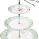 Jusalpha Light Blue 3-tier Ceramic Cake Stand- Cupcake Stand- Tea Party Pastry Serving Platter Comes In a Gift Box- Free Sugar Tong (FD-QD3T) (Blue, 1 Set)