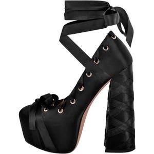 Platform Heels Chunky Bow Ribbon Pumps (8)