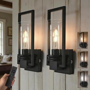 Wireless Wall Sconces with Remote Control, Battery Operated Wall Sconce Set of 2, Vintage Black Rechargeable Dimmable Wall Light for Bedroom Living Room Bathroom Hallway Entryway,3 Colors