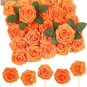 N&T NIETING Artificial Roses Flowers, Fake Glitter Flowers Burnt Orange Roses Perfect for DIY Wedding Bridal Bouquets Centerpieces Bridal Shower Party Home Flower Arrangement Decorations, 25Pcs