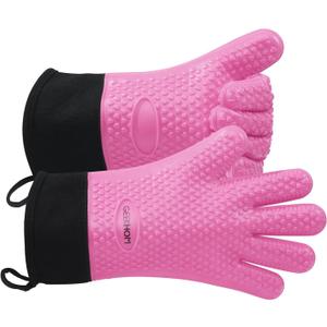 GEEKHOM BBQ Gloves Heat Resistant Oven Mitts - Silicone Grilling Gloves with 13.7" Arm Protection - Waterproof Pot Holder Non-Slip for Men & Women, Kitchen Outdoor Cooking, Baking, Camping, Pink (One Size Fits Most)