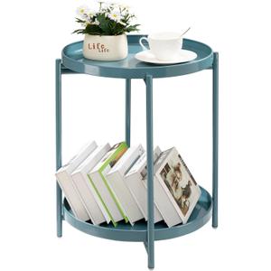 TeoKJ 2 Tier Round Side Table, Folding Round Metal End Table Small Nightstand with Two Removable Tray for Bedroom Living Room Bedside Small Spaces Blue Gray