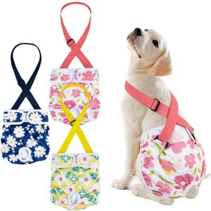 Pet Soft Dog Diapers Female with Suspenders, 3 Pack Reusable Female Dog Diapers for Heat, Dog Period Panties for Doggie in Cycle(Medium, Flowers) (Medium:14''-19'')