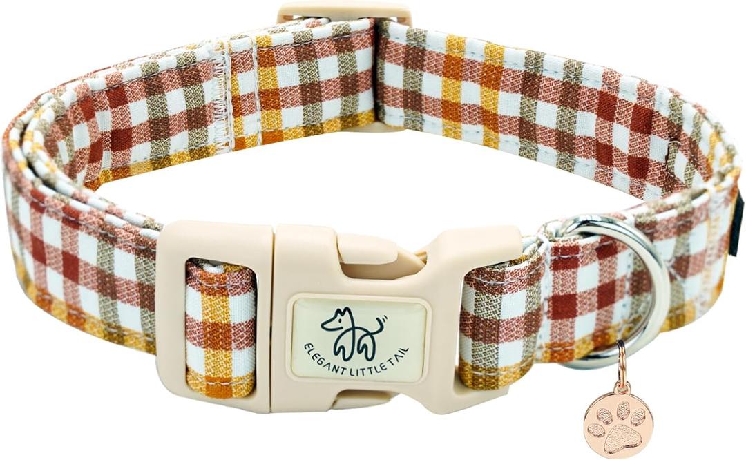 Elegant little tail Fall Dog Collar, Plaid Puppy Collars Fall Yellow Male Cute Puppy Adjustable Cotton Pet Collar with Quick Release Buckle for Small Medium Large Dogs (Medium (Pack of 1))