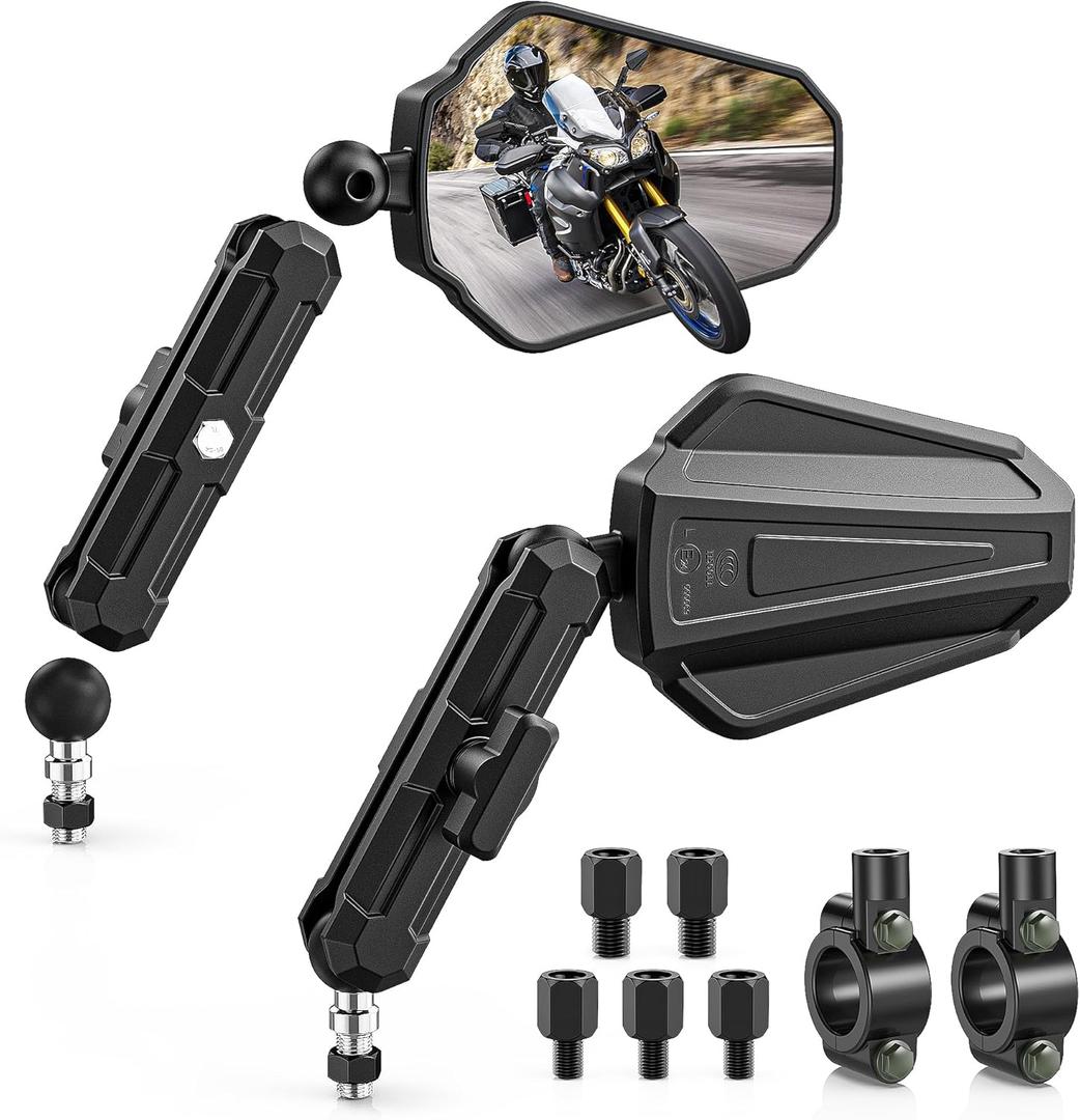 BUMBEE Upgraded Adventure Motorcycle Mirrors 360 Degrees Adjustable, Foldable Convex Side Rearview Mirrors No Vibration & Wobble With M8 M10 Screws and 7/8" Handlebar Mount for ATV Scooter Dirt Bike