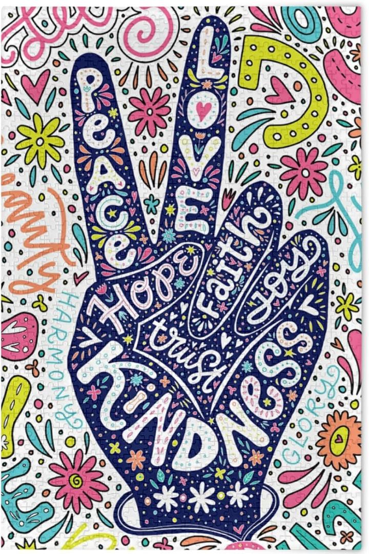 Peace Sign Jigsaw Puzzle Gesture Love Joy Floral Flower 500 Pieces Puzzles for Adults Kids (Multi 9)