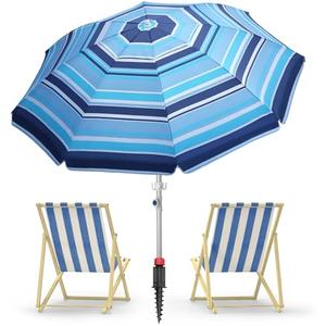 Deluwire 7ft Heavy Duty High Wind Beach Umbrella Parasols UV 50+ Protection Outdoor Sunshade Umbrellas Carry Bag for Patio Garden Pool Backyard Stripe Blue insert completely into the sand (From Picture only Umbrella)