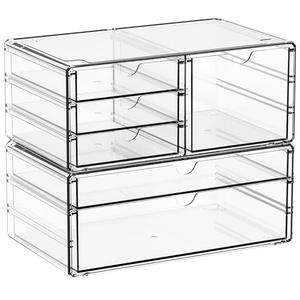 Yieach 2 Pack Acrylic Drawer Organizer With 6 Drawers,Stackable 11.1” Large Clear Storage Drawers and Makeup Organizer For Vanity,Bathroom Countertop,Cabinet,Pantry,Office Supply Storage Bins Drawers