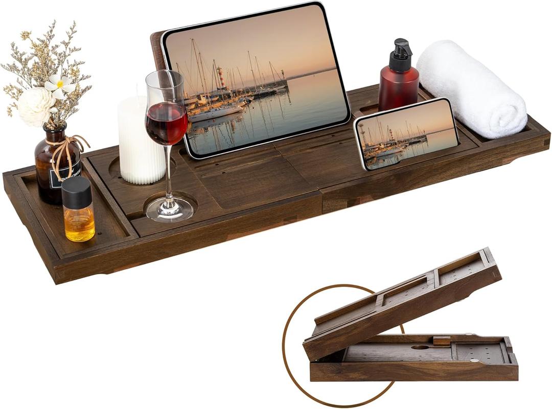 Teak Bathtub Tray - Luxury Bath Tray with Expandable Handles, Wine Glass and Phone Holders, Book Stand - Perfect for Home Spa Relaxation and Reading - Natural Bath Accessories - Dark Walnut Color (Dark Walnut)