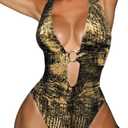 ChiaoLezhee Women's Metallic One Piece Swimsuit Sexy Plunge Cutout Bodysuit Festival Rave Outfits. Size: Large