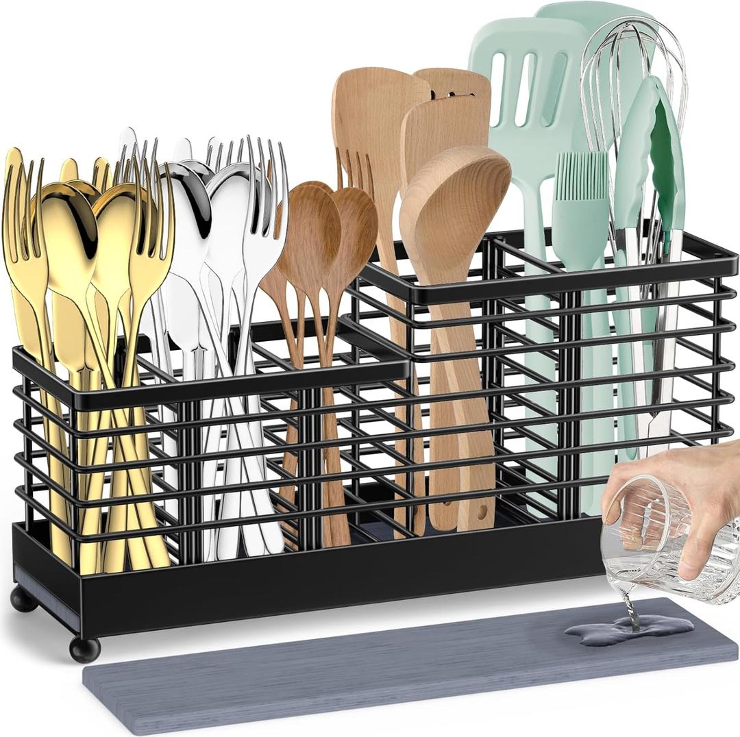 TomCare Utensil Holder with Water Absorbent Diatomite Stone 3 Removable Dividers Large Silverware Organizer Sturdy Cooking Utensils Organizer Caddy Metal kitchen Organizers and Storage for Counter