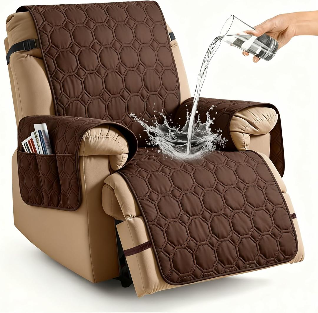 XINEAGE 100% Waterproof Recliner Chair Cover, Non Slip Covers for Recliner Chair with Pocket, Washable Dog Recliner Couch Cover with Elastic Straps (Coffee, 28")