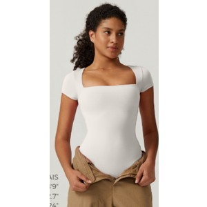 QINSEN Women's Square Neck Short Sleeve Bodysuit Soft Body Suit Tops Double Lined Shirts XXL