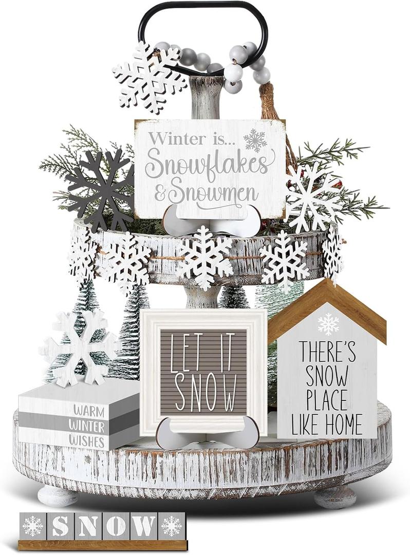 19 Pcs Winter Tiered Tray Decor Snowflakes Wood Rustic Decoration Tiered Sign Table Centerpieces Without Tray for Tabletop Shelf Winter Xmas Home Party Gifts(Farmhouse)