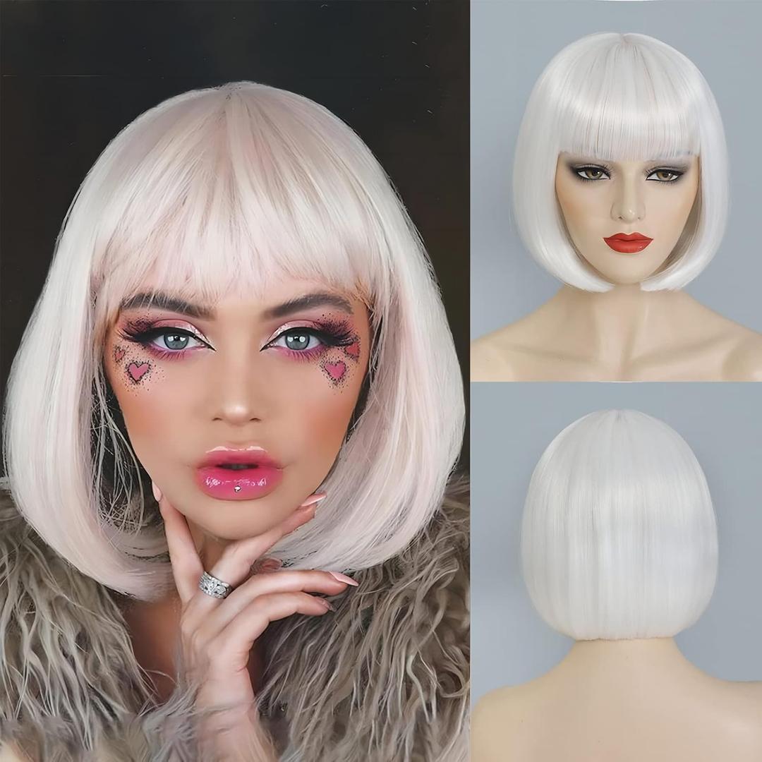 White Bob Wig With Bangs Short White Wigs For Women Straight Bob Bangs Wig 10 Inch Heat Resistant Synthetic Hair Natural Looking For Daily Party Use