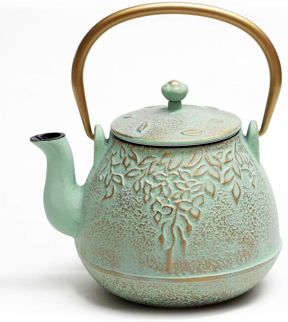 Tea Kettle, TOPTIER Japanese Cast Iron Teapot with Infuser for Loose Leaf and Tea Bags, Stovetop Safe Cast Iron Tea Kettle Coated with Enameled Interior for 40 oz (1200 ml), Light Green