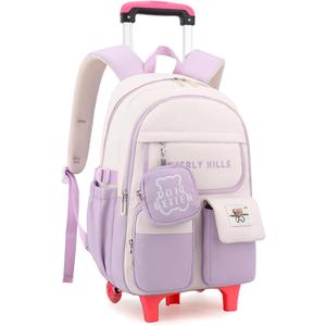 ZHANAO Color-blocking Rolling Backpack for Girls,Kawaii School Bag with Wheels,Trolley Bookbags for Primary Students (Purple-2 Wheels)