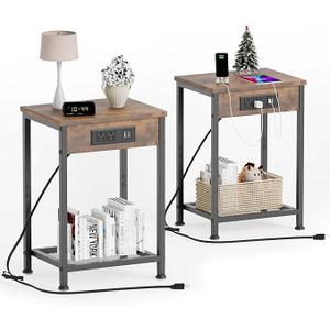 Fixwal End Tables Set of 2 with Charging Station, Night Stands with U-S-B Ports and Power Outlets (Dark Walnut Gray)