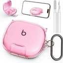 Geekboy Case for Beats Powerbeats Fit 2025, Clear TPU Protective Cover with Premium Metal Carabiner & Cleaning Kit, Shockproof Skin for Powerbeats Fit Case Cover (Clear Pink)