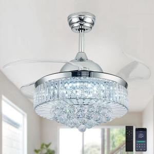 42'' Fandelier Ceiling Fan with Light, Retractable Chandelier Fan LED Dimmable Crystal Ceiling Fan for Bedroom Living Room Dining Room-Chrome