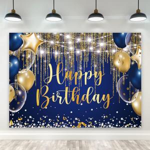 Riyidecor Blue Gold Happy Birthday Navy Royal Backdrop 7Wx5H Feet Polyester Fabric Men Boy Golden Dot Balloon Diamond Sparkle Cool Bday Party Photography Background Decorations Banner Photo Shoot