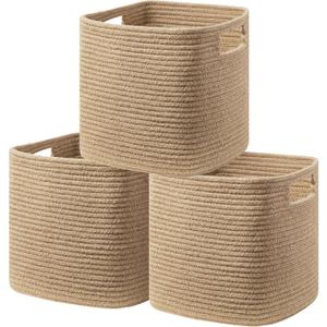 UBBCARE Set of 3 Cotton Rope Basket 11 X 10.5 X 10.5 Inches, Woven Storage Baskets for Shelves, Organizing with Handles, Cube Storage Bins for Storage Books, Magazines, Jute