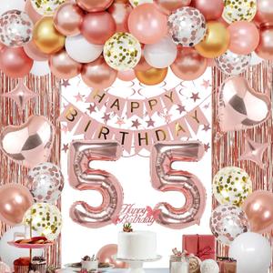 55th Rose Gold Birthday Party Decorations for Women, Rose Gold Happy Birthday Banner, Fringe Curtains, Heart Foil Balloons, Confetti Balloons, Cake Topper for 55th Birthday Decorations