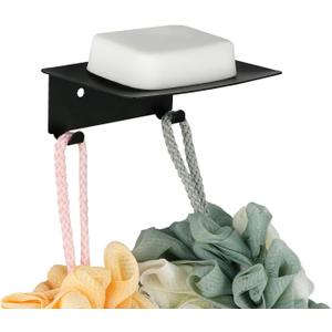 Soap Dish for Shower, 4 Slot Self-Adhesive Soap Holder for Bathroom, Wall Mounted Shower Soap Holder with Hook, Stainless Steel Soap Tray Black