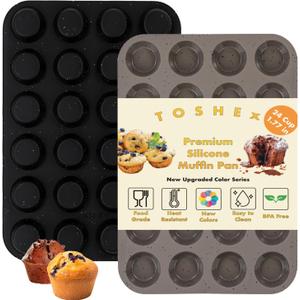 Silicone Muffin Pan 24 Cup Regular Silicone Cupcake Pan [2 Pack] Non-stick Baking Molds Great for Making Muffin Cakes, Bread, Tart, Brownies (Black & Grey, 2 Pack 24 Cup Mini)