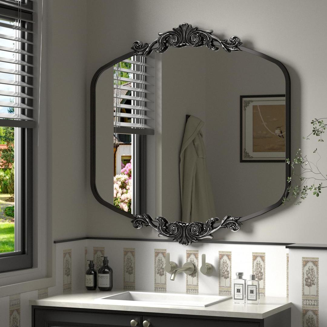 SMIROR Arched Antique Mirror 36" x 36", Black Arch Vintage Mirror for Wall, Metal Framed Baroque Mirror for Bathroom Vanity Mantel