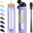 FULBEVY 32 oz Glass Water Bottles - 1 Liter Motivational Tumbler Water Bottle Time Marker - Borosilicate Glass Water Bottle With Silicone Sleeve and 2 Lids, Handle Spout & Bamboo Straw Lid
