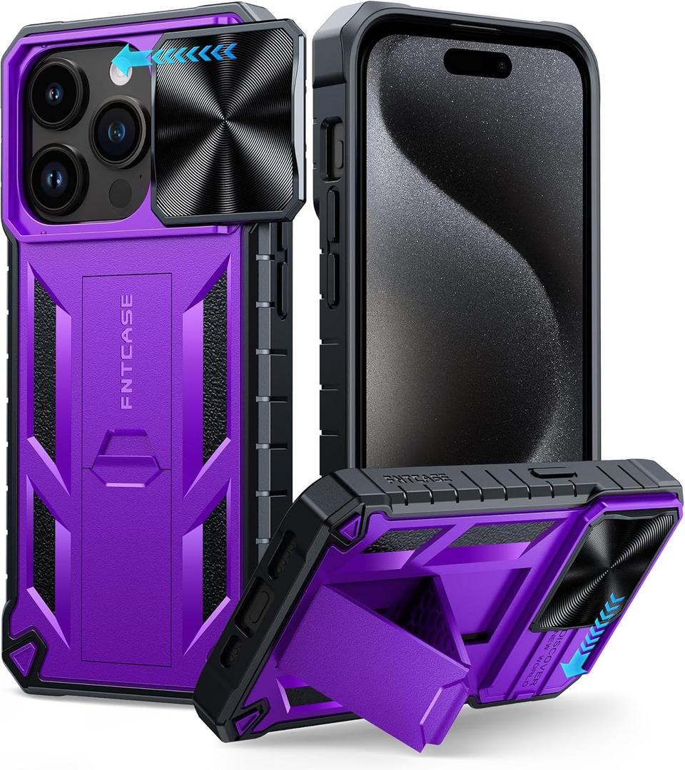 FNTCASE for iPhone 15 Pro Case: Military Grade Drop & Shock Protection Cell Phone Cover with Kickstand & Slide | Rugged Protective Bumper Textured (Purple) FNTCASE for iPhone 15 Pro Case: Military Grade Drop & Shock Protection Cell Phone Cover with Kickstand & Slide | Rugged Protective Bumper Textured (Purple)