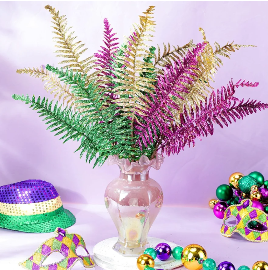 Thiccywoov 12 Pcs Mardi Gras Decoration Mardi Gras Picks Glitter Leaf Stems 17.7'' Purple Green Gold Ornaments Artificial Branch Stems Table Decor for Wreath Vase Fillers Holiday Carnival Party Decor