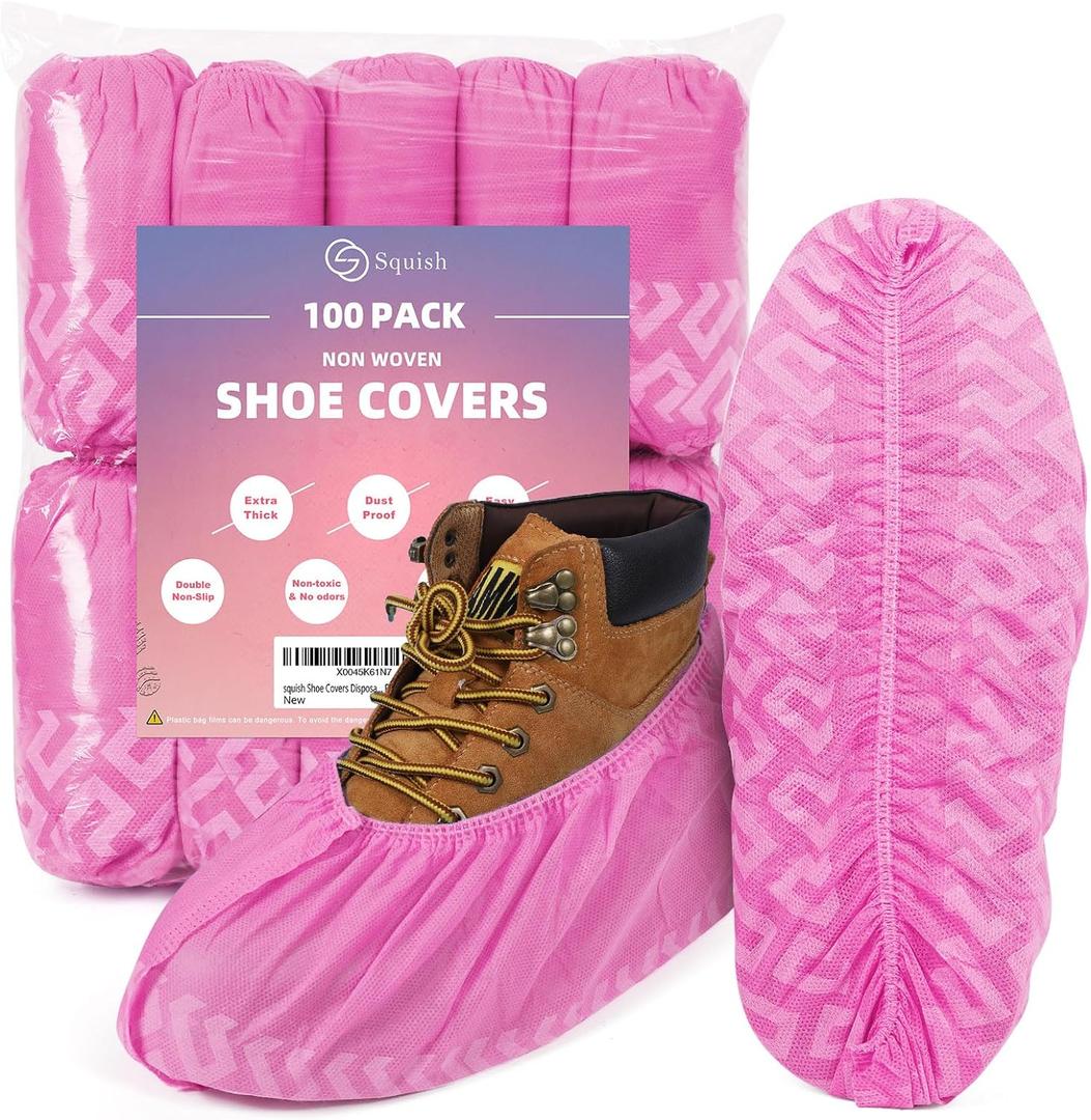 squish Shoe Covers Disposable Non Slip, 100 Pack(50 pairs) Pink Thick Extra Disposable Boot Covers Slip Proof Shoe Cover for Indoors Outdoors Durable Protector Covers Fits Virtually Most Shoes