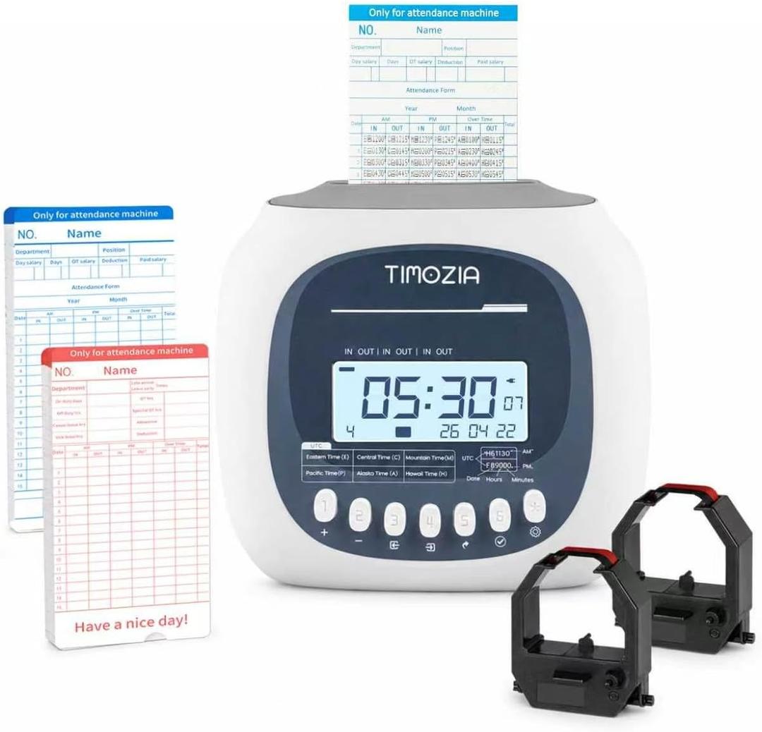 Time Clock for Employees Small Business, 6 U.S. Time Zones, Automatic Daylight Saving & Auto Time Update, Punch Card Time Recorder with 6 Punches Per Day-50 Time Cards and 2 Ribbons