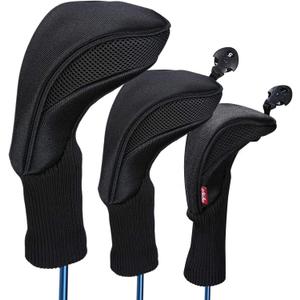 Black Golf Club Head Cover for Driver Fairway 3 Pcs Woods Headcovers, Golf Accessories Hybrid Head Covers Set with Interchangeable Tags 3 4 5 7 X